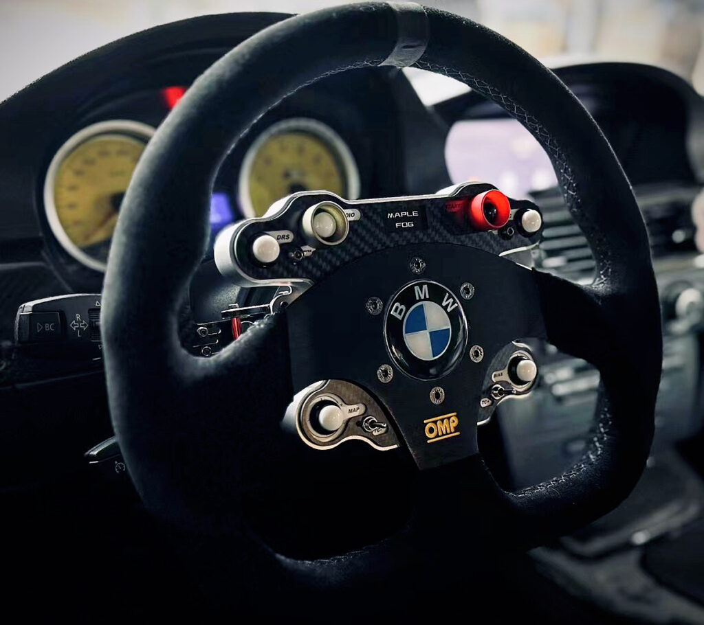 BMW OMP race steering wheel close-up