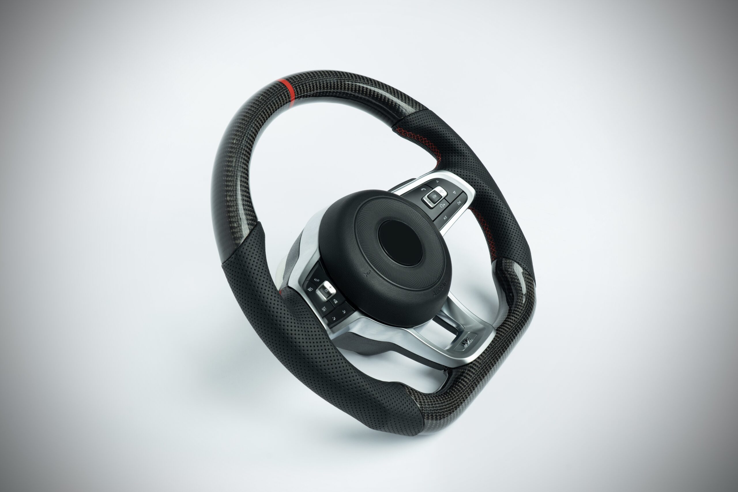 Volkswagen Golf Carbon fiber steering wheel with red marker, red stiching on perforated leather grip - Image 3