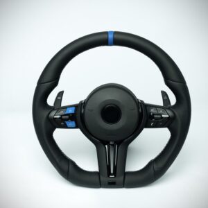 BMW F series M3/M4 flat bottom steering wheel leather with black inner trim, blue center marker and blue M1/M2 buttons