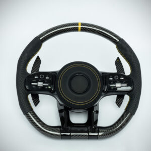 Mercedes Benz carbon fiber steering wheel with yellow marker and yellow stiching