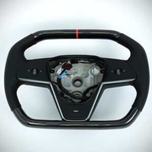 Tesla Model 3/Y carbon fiber cybertruck style steering wheel with red marker, red stiching on perforated leather