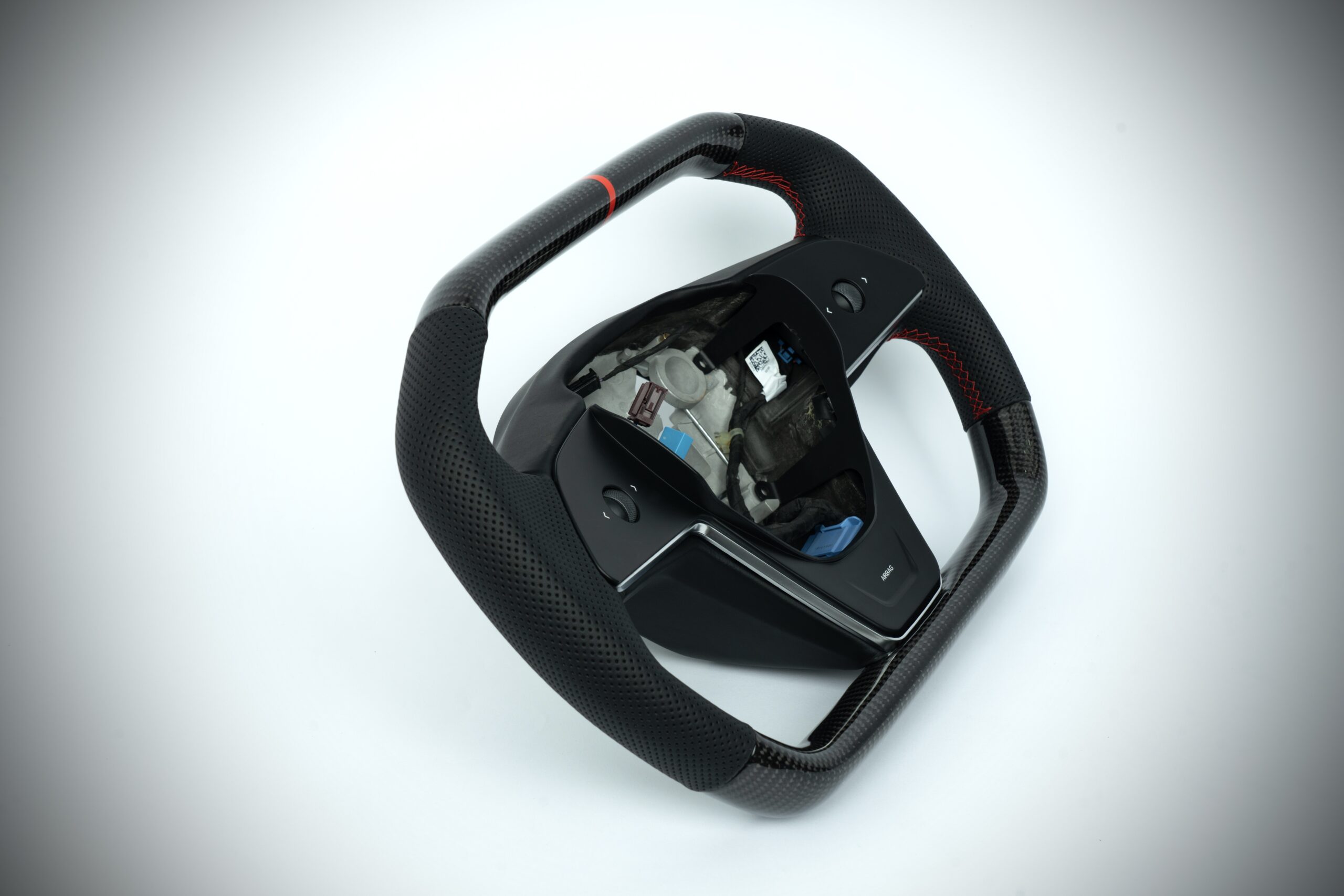 Tesla Model 3/Y carbon fiber cybertruck style steering wheel with red marker, red stiching on perforated leather - Image 2