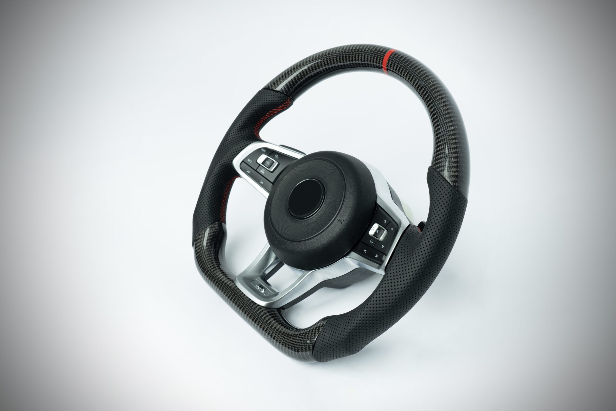 Volkswagen Golf Carbon fiber steering wheel with red marker, red stiching on perforated leather grip - Image 4