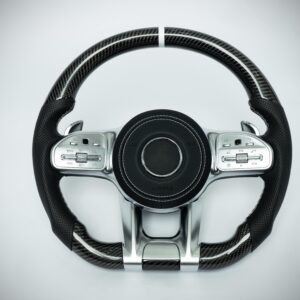 Mercedes Benz carbon fiber steering wheel with white marker and white stiching on perforated leather grip