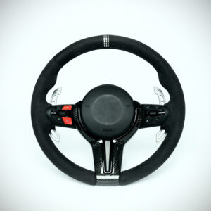 BMW F series M3/M4 suede steering wheel with carbon inner trim and red M1/M2 buttons, comes with magnetic shift paddles