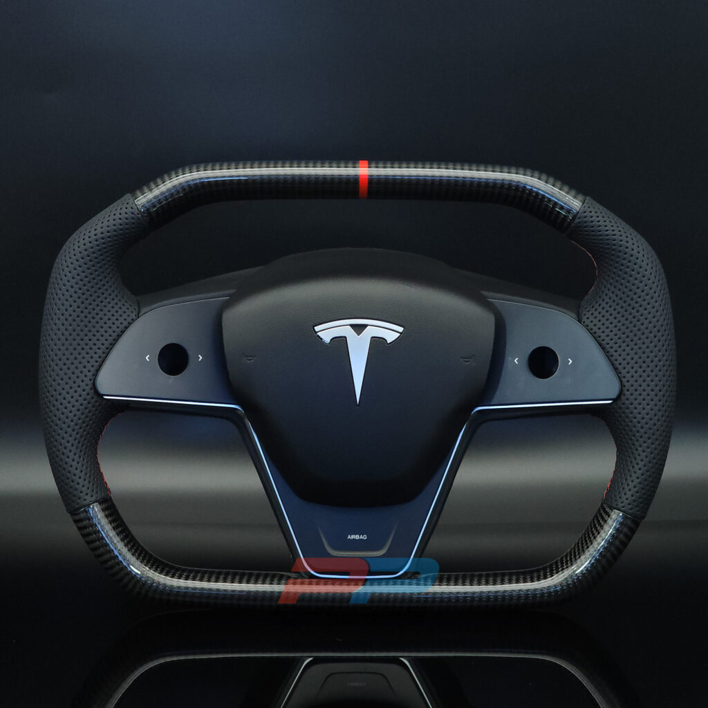 Tesla Model 3/Y carbon fiber cybertruck style steering wheel with red marker, red stiching on perforated leather