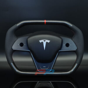 Tesla Model 3/Y carbon fiber cybertruck style steering wheel with red marker, red stiching on perforated leather