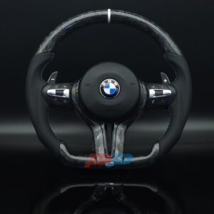 BMW F chassis 2, 3, 4, X1, X2, X3, X4, X5, X6 flat bottom forged carbon steering wheel with carbon trim, perforated leather grip and white center marker
