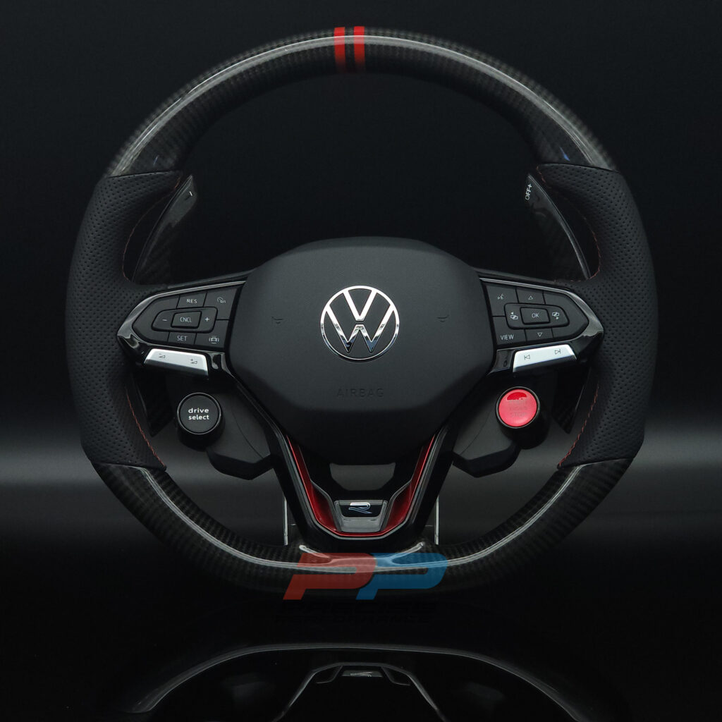 Gen 8 Golf R Carbon fiber steering wheel with red marker, red stiching on perforated leather grip