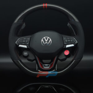 Gen 8 Golf R Carbon fiber steering wheel with red marker, red stiching on perforated leather grip