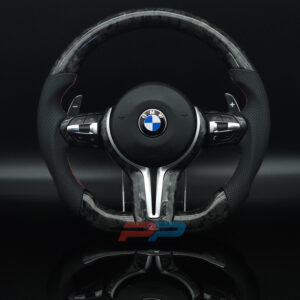 BMW F chassis 2, 3, 4, X1, X2, X3, X4, X5, X6 flat bottom forged carbon steering wheel with silver trim and perforated leather grip