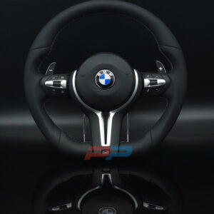 BMW F chassis 2, 3, 4, X1, X2, X3, X4, X5, X6 flat bottom steering wheel with silver trim and perforated leather grip