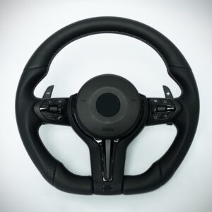 BMW E chassis 1, 3, X1, X5, X6, Z4 to F chassis style flat bottom steering wheel with perforated leather grip, black trim and M color stitching