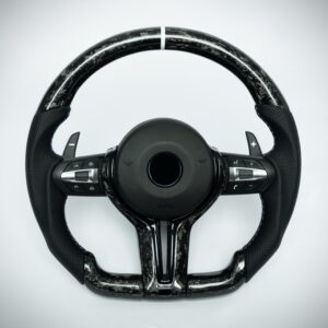 BMW F chassis 2, 3, 4, X1, X2, X3, X4, X5, X6 flat bottom forged carbon steering wheel with carbon trim, perforated leather grip and white center marker