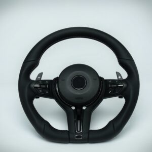 BMW F chassis 2, 3, 4, X1, X2, X3, X4, X5, X6 flat bottom steering wheel with black trim and perforated leather grip