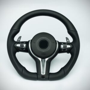 BMW E chassis 1, 3, X1, X5, X6, Z4 to F chassis style flat bottom steering wheel with perforated leather grip, silver trim and M color stitching