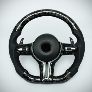 BMW F chassis 2, 3, 4, X1, X2, X3, X4, X5, X6 flat bottom forged carbon steering wheel with silver trim and perforated leather grip