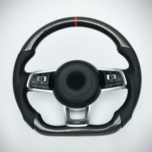 Gen 7 Golf R Carbon fiber steering wheel with red marker, red stiching on perforated leather grip