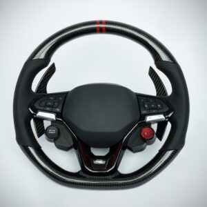 Gen 8 Golf R Carbon fiber steering wheel with red marker, red stiching on perforated leather grip