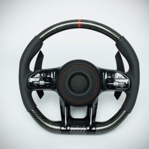 Mercedes Benz 2012-18 C, E, S, GLK, GLE, GL carbon fiber steering wheel with red marker and red stiching on perforated leather grip