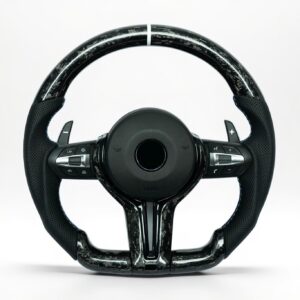 BMW F chassis 2, 3, 4, X1, X2, X3, X4, X5, X6 flat bottom forged carbon steering wheel with carbon trim, perforated leather grip and white center marker