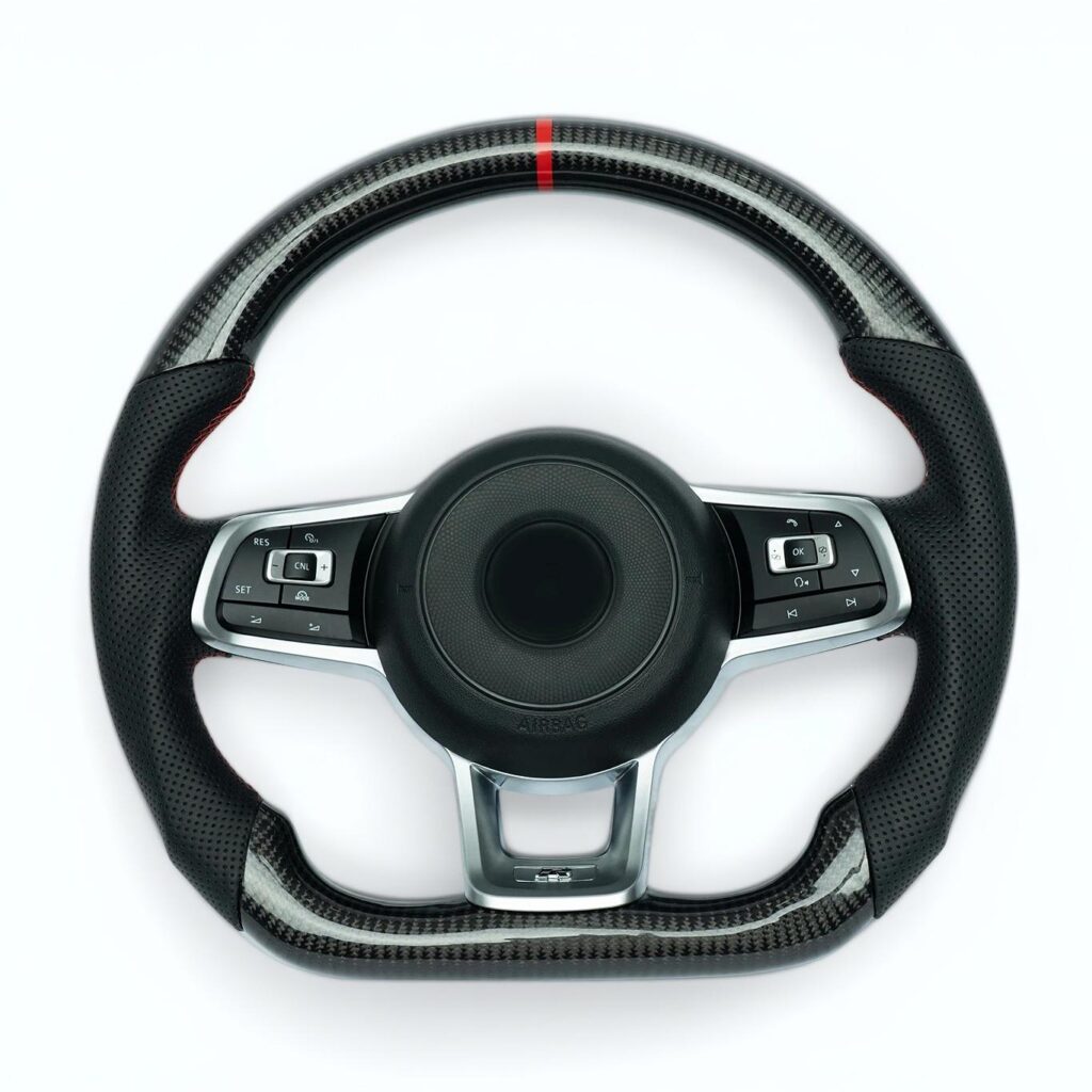 Gen 7 Golf R Carbon fiber steering wheel with red marker, red stiching on perforated leather grip