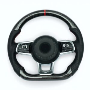 Gen 7 Golf R Carbon fiber steering wheel with red marker, red stiching on perforated leather grip