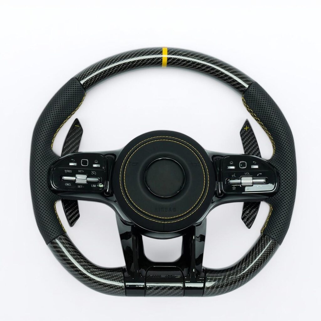 Mercedes Benz 2012-21 C, E, S, GLK, GLE, GL carbon fiber steering wheel with yellow marker and yellow stiching