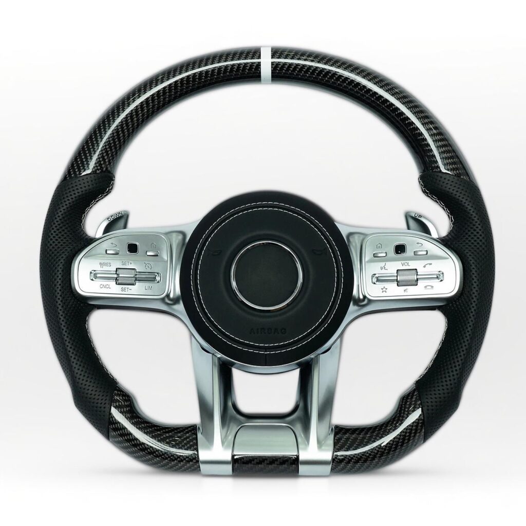 Mercedes Benz 2012-18 C, E, S, GLK, GLE, GL carbon fiber steering wheel with white marker and white stiching on perforated leather grip