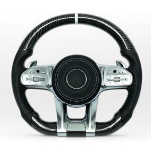 Mercedes Benz 2012-18 C, E, S, GLK, GLE, GL carbon fiber steering wheel with white marker and white stiching on perforated leather grip