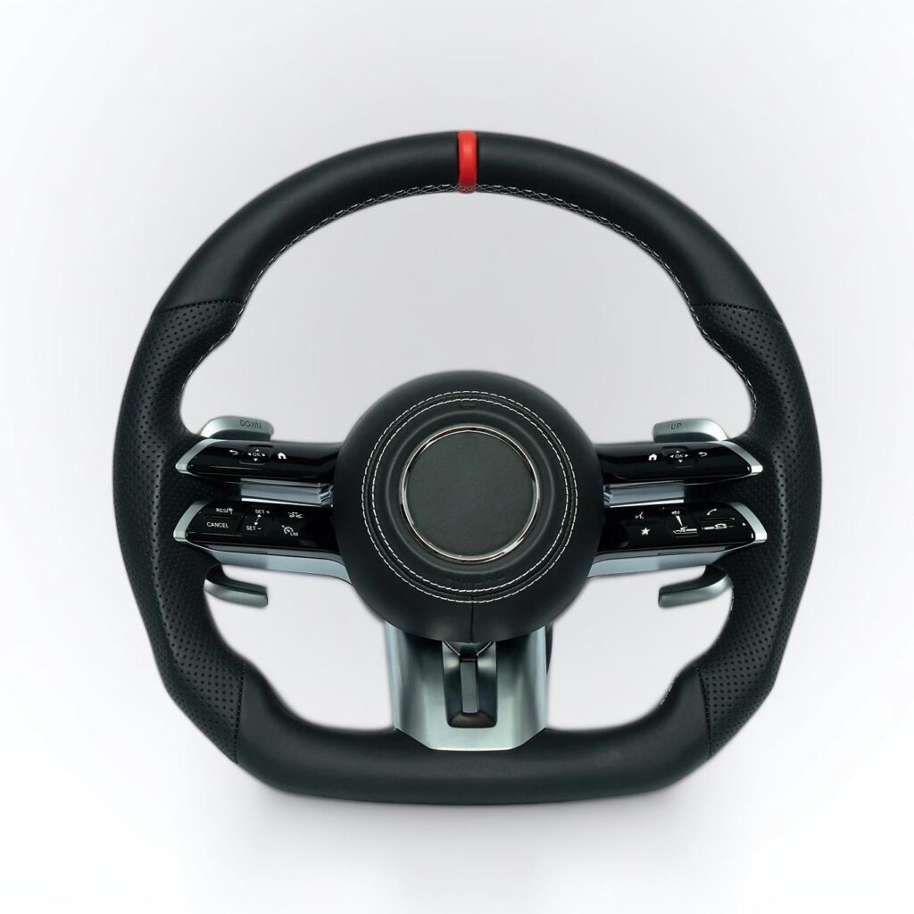 Mercedes Benz 2012-18 C, E, S, GLK, GLE, GL leather steering wheel with red marker and white stiching