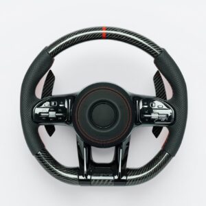 Mercedes Benz 2012-18 C, E, S, GLK, GLE, GL carbon fiber steering wheel with red marker and red stiching on perforated leather grip