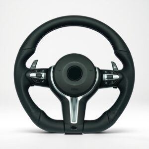 BMW E chassis 1, 3, X1, X5, X6, Z4 to F chassis style flat bottom steering wheel with perforated leather grip, silver trim and M color stitching