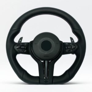 BMW E chassis 1, 3, X1, X5, X6, Z4 to F chassis style flat bottom steering wheel with perforated leather grip, black trim and M color stitching