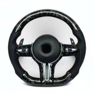 BMW F chassis 2, 3, 4, X1, X2, X3, X4, X5, X6 flat bottom forged carbon steering wheel with silver trim and perforated leather grip