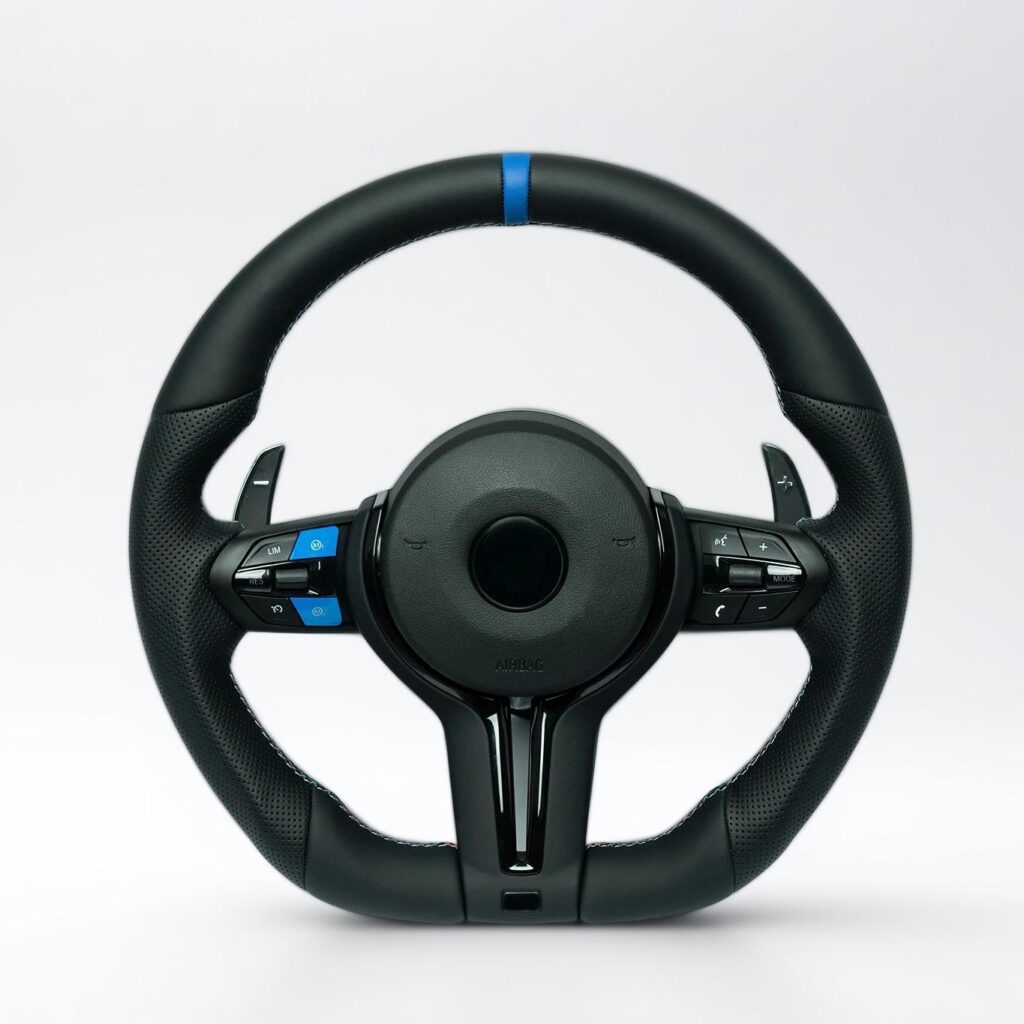 BMW F chassis 2, 3, 4, X1, X2, X3, X4, X5, X6 flat bottom steering wheel leather with black trim and blue center marker