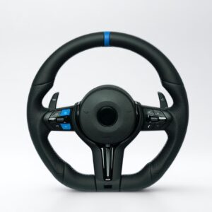 BMW F chassis 2, 3, 4, X1, X2, X3, X4, X5, X6 flat bottom steering wheel leather with black trim and blue center marker
