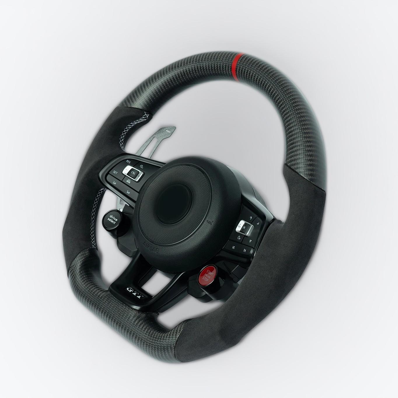 Volkswagen Golf GTi Carbon fiber steering wheel with red marker, white stiching on suede grip - Image 2