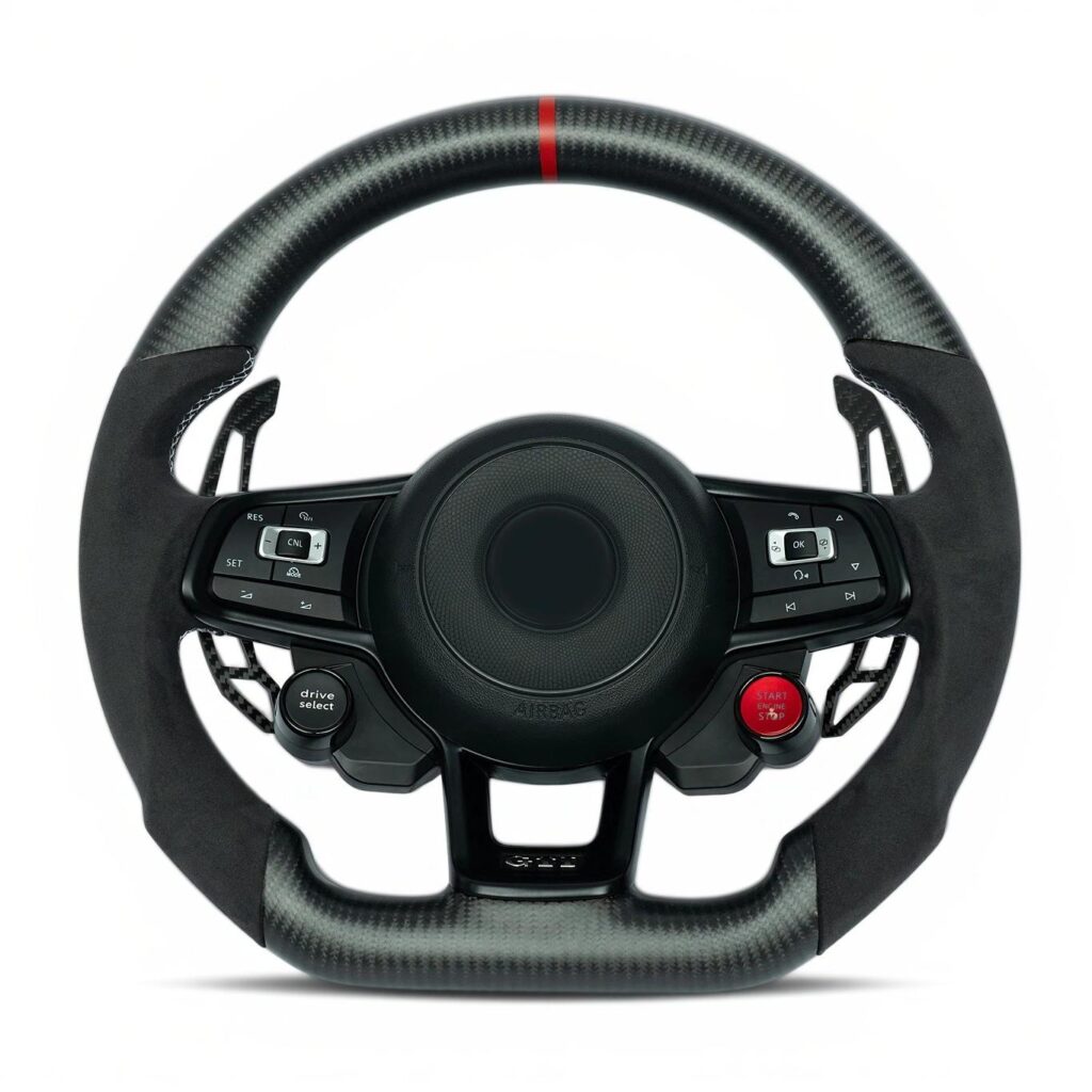 Volkswagen Golf GTi Carbon fiber steering wheel with red marker, white stiching on suede grip