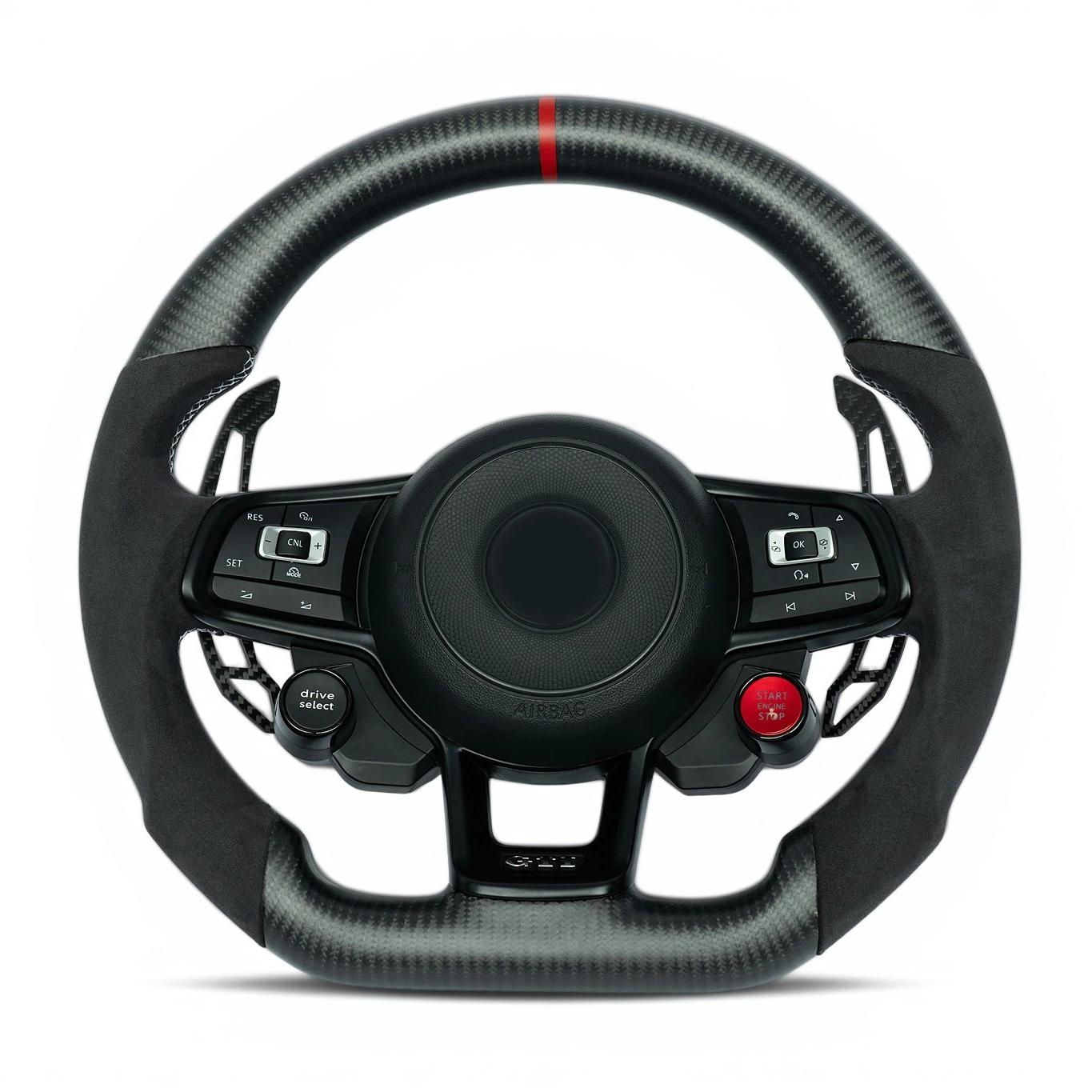 Volkswagen Golf GTi Carbon fiber steering wheel with red marker, white stiching on suede grip