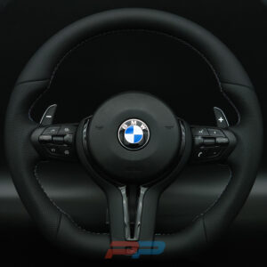 BMW F chassis 2, 3, 4, X1, X2, X3, X4, X5, X6 flat bottom steering wheel with black trim and perforated leather grip