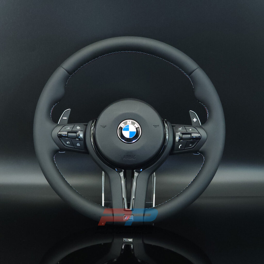BMW F chassis 2, 3, 4, X1, X2, X3, X4, X5, X6 OEM replacement black trim leather steering wheel with M color stiching
