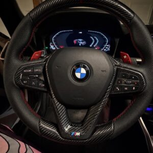 Deposite:300$, total price 600$,Model: 2022 BMW 330i non M Sport steering wheel Requirements: Carbon fiber upper and lower sections, red stitching, red centering marker, perforated leather grips (original factory design), carbon fiber trim and button bezels, red paddle shifters, with buttons, no heating or vibration.m logo at the bottoms