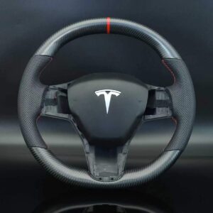 Tesla Matte Carbon fiber perforated leather grip with red stitching and center strip.